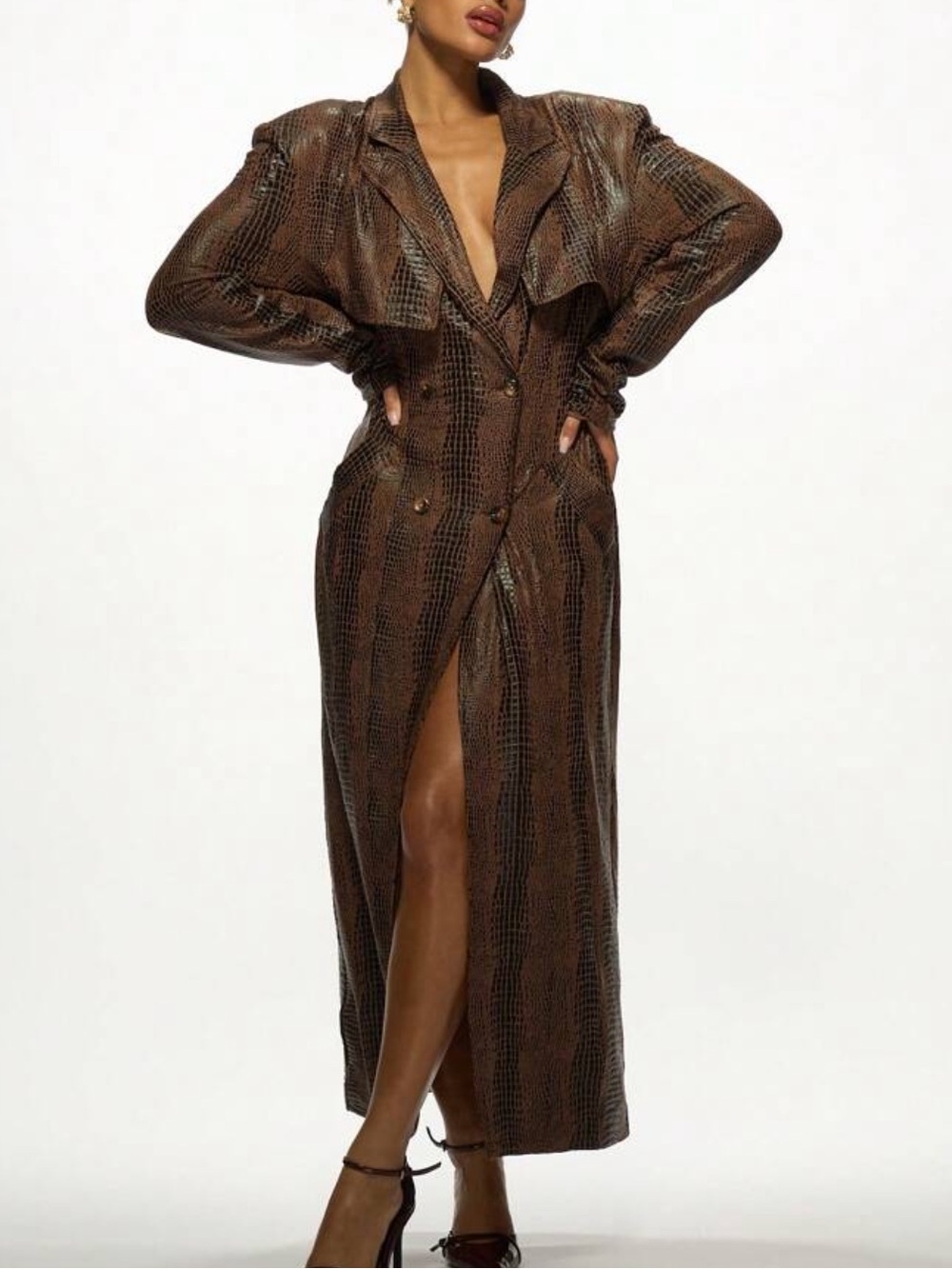 Missguided Brown Faux-Snake Leather Long Trench Coat